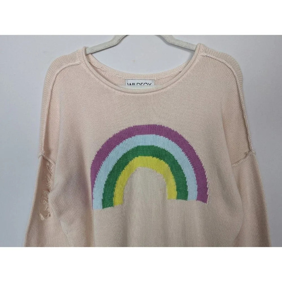 WILDFOX sz. S Sky High Bloomy Rainbow Sweater Distressed Pullover Oversized Top - Picture 6 of 13